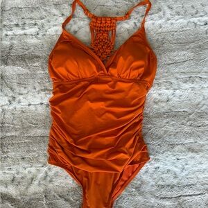 Swim suit, orange, crocheted back, Size 10